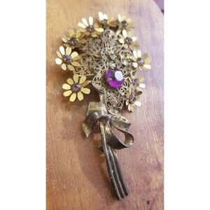 Copper Floral Bouquet Brooch w/ Purple Amethyst & Rhinestones 4.25"x2"